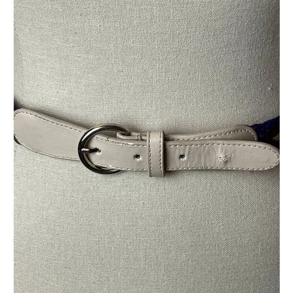 Beige Faux Leather & Multicolor Woven Yarn Belt 33